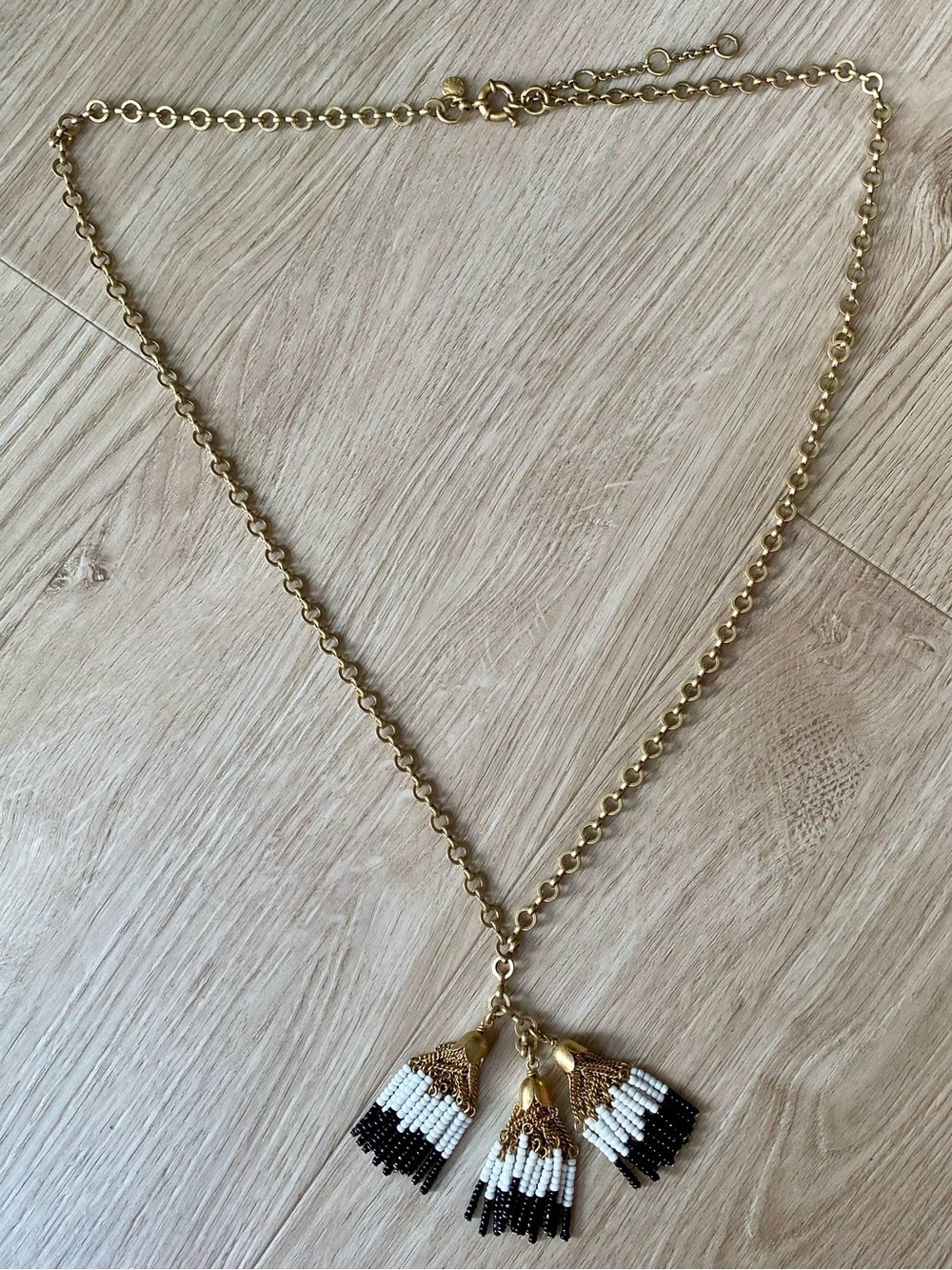 ❤️ J. Crew Black & White Beaded Long Gold Tassel Necklace